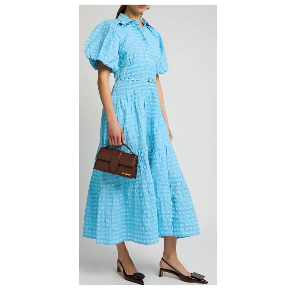 Lovebirds Gingham Blue Puff-Sleeve Midi Dress